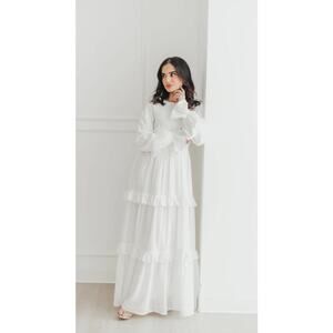 Gorgeous tiered ruffled cotton long sleeve swiss dot & white lace dress by Elaa